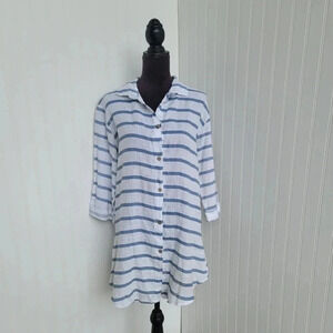 Viola Borghi Italy Linen Striped Button Front Tunic Dress New 3/4 Tab Sleeves S